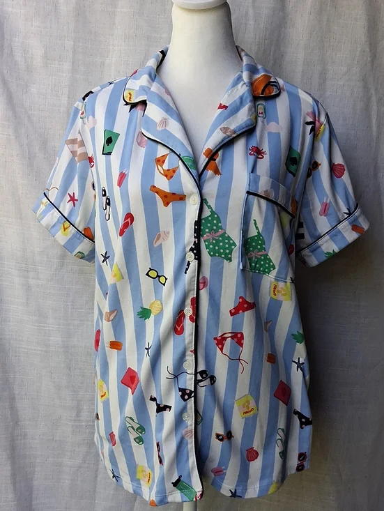 kate spade Light Blue Striped Short Sleeve Button Shirt with Multicolor Print M