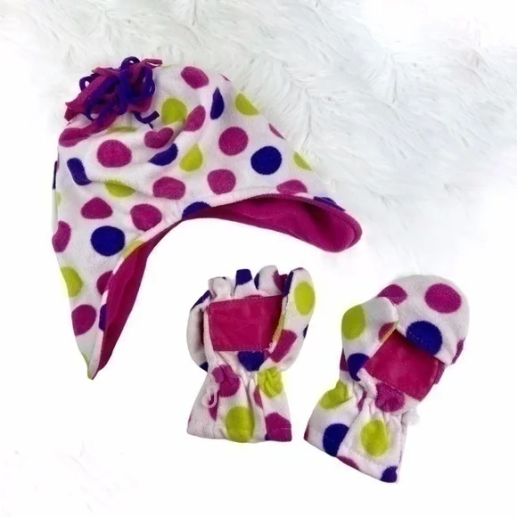 Falls Creek Hat and Mittens Winter Girls Polka Dot Soft Warm Fleece