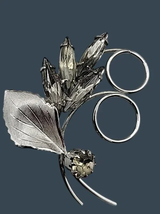Vintage Smokey Rhinestone Floral Spray Brooch Polished Silver Tone Curls & Leaf