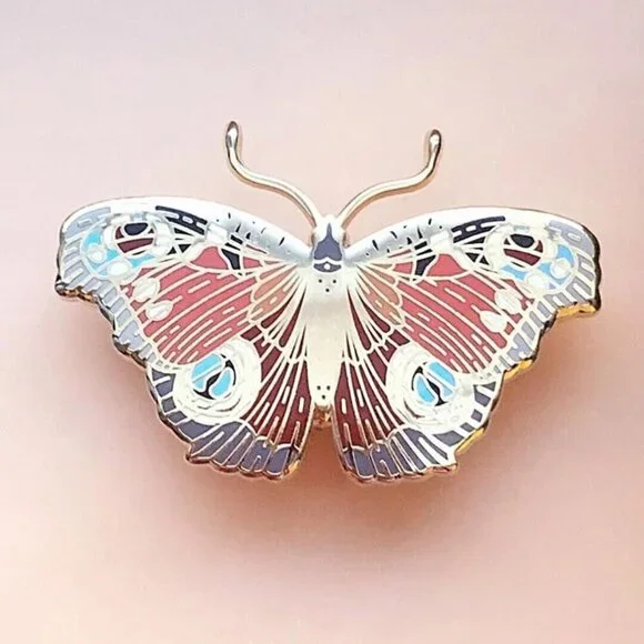 European Peacock Butterfly Enamel Pin - Gold‎ Plated Nature Jewelry & Brooch