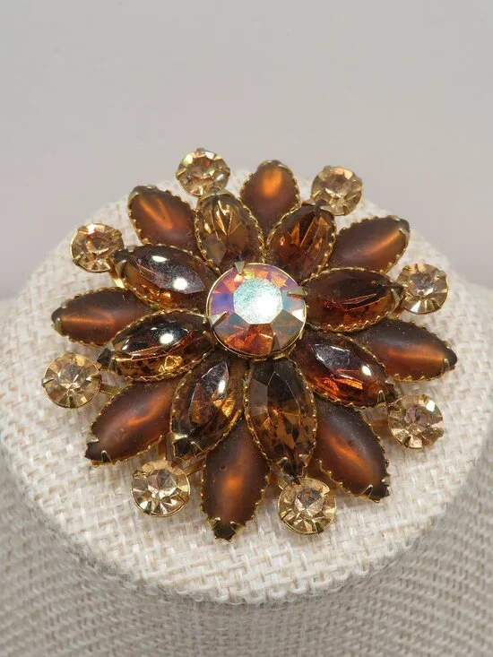 Vintage Judy Lee Amber Brown Rhinestone Floral Brooch