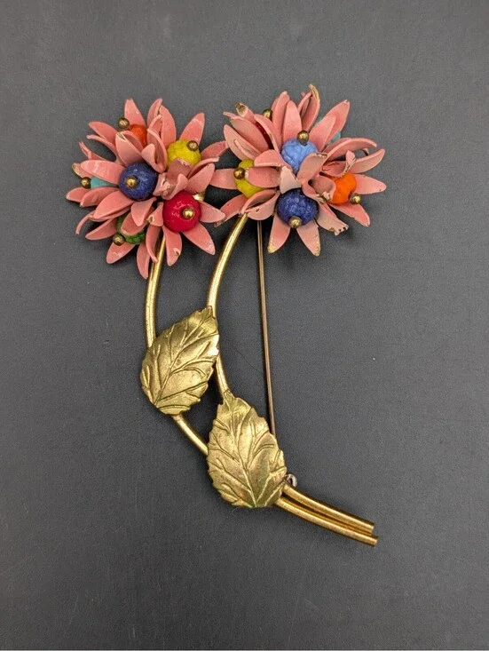 Vintage 1950s Pink Enamel Flower Brooch Hand Wired Molded Glass Bead Cluster