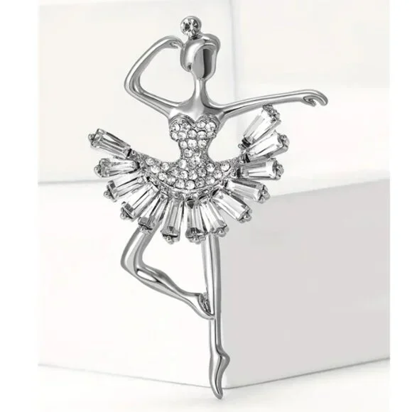 Elegant Silver and  Rhinestone Ballerina Dancer Brooch