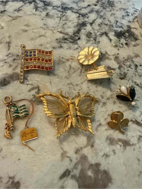 Lot of Six Gold-Tone Jewelry‎ pieces incl Monet Ecology Flag Charm Brooch Pins