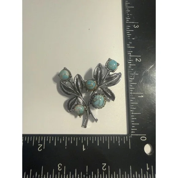Silver Tone Branch Leaf Brooch Blue Faux Turquoise Cabochon Pin 2 Inch