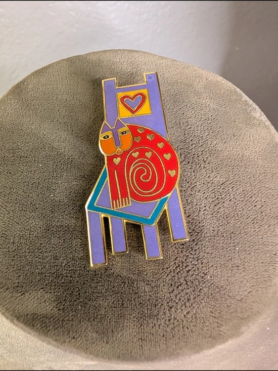 Vintage Laurel Burch Signed Colorful Cat on Chair Enamel Pin Brooch Folk Art