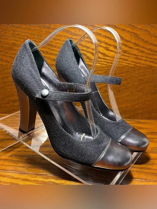 Kate Spade ITALY MADE Gray Wool Pewter Leather Mary Jane Cap Toe Heels Size 8