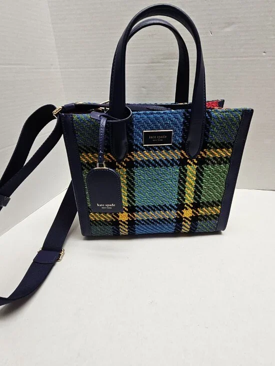 Kate Spade Manhattan Grand Plaid Tweed Small Tote Bag Adjustable Strap Handles