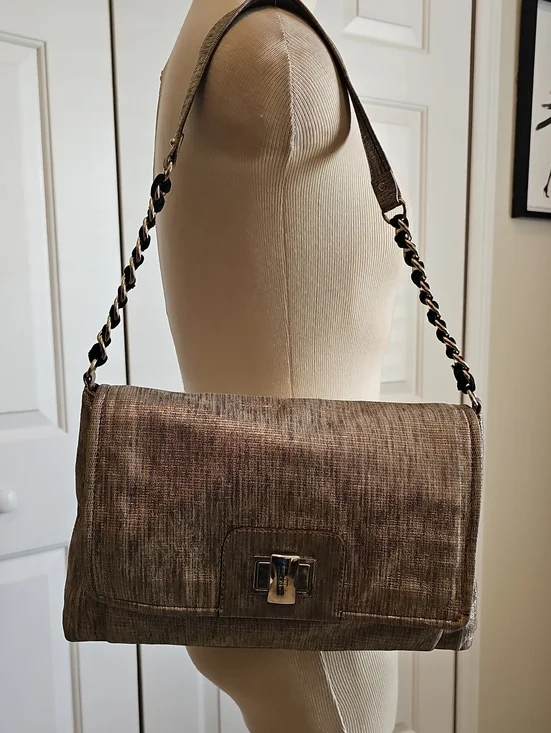 Textured Taupe Shoulder Bag with Chain Detail