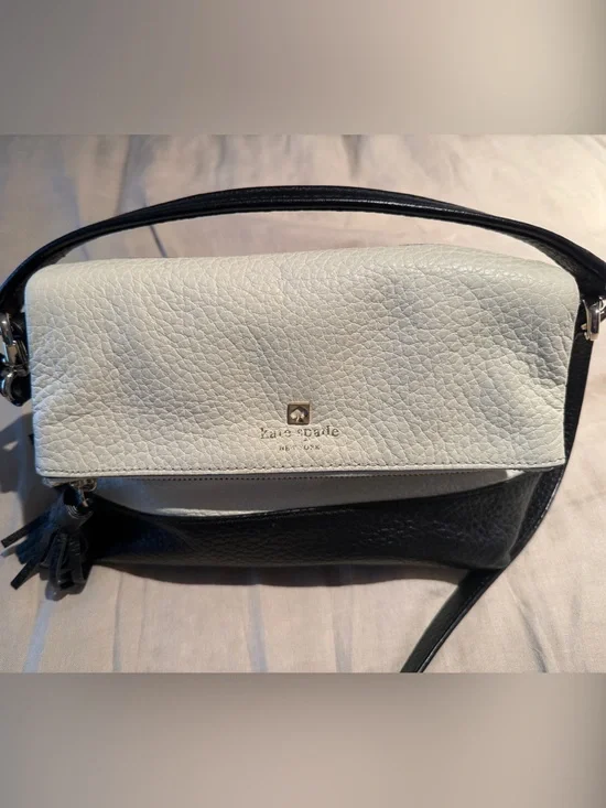 kate spade White and Black Pebbled Leather Crossbody with Tassel