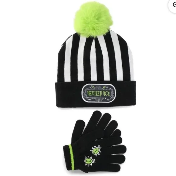 Beetle Juice | Youth Unisex Black White Green Hat and Glove Set Girls Boys