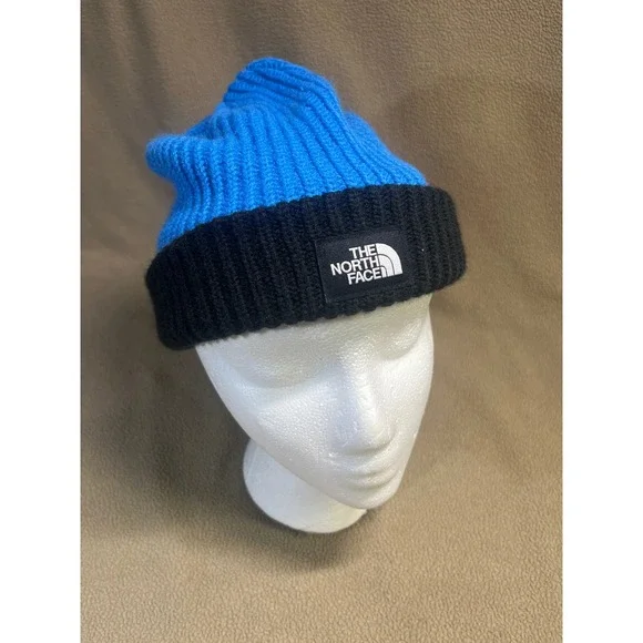 The North Face Youth Junior Beanie Blue Black Ribbed Knit Lined Cuffed Hat OS