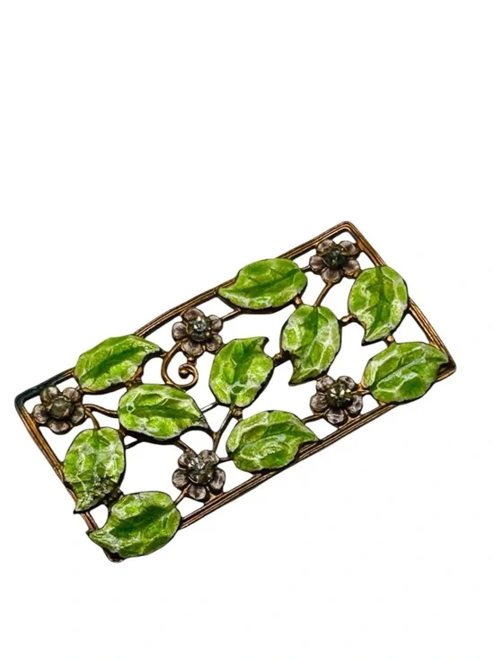 Vintage 1930’s Enamel Leaf and Flower Rectangular Brooch