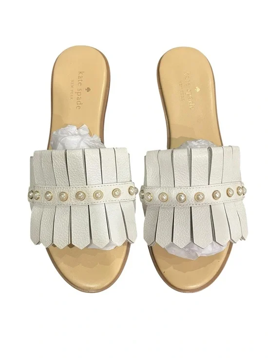 kate spade White Fringe Slide Sandals with Pearl Trim