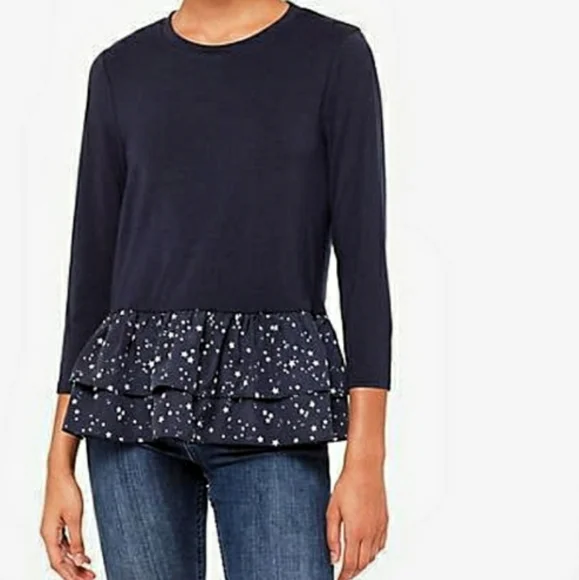 Kate Spade Broome Street Mixed Media Star Navy Blue Peplum Blouse Top Sz Medium