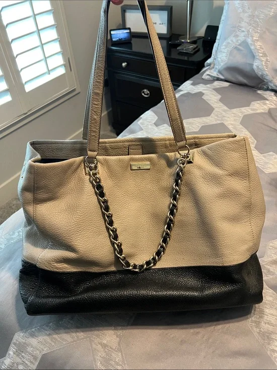 kate spade Two-Tone Pebbled Leather Tote in Cream and Black with Chain Accent