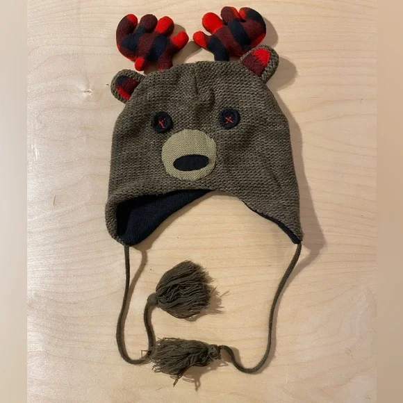 Brown Reindeer Knit Hat with Red Antlers (PF)