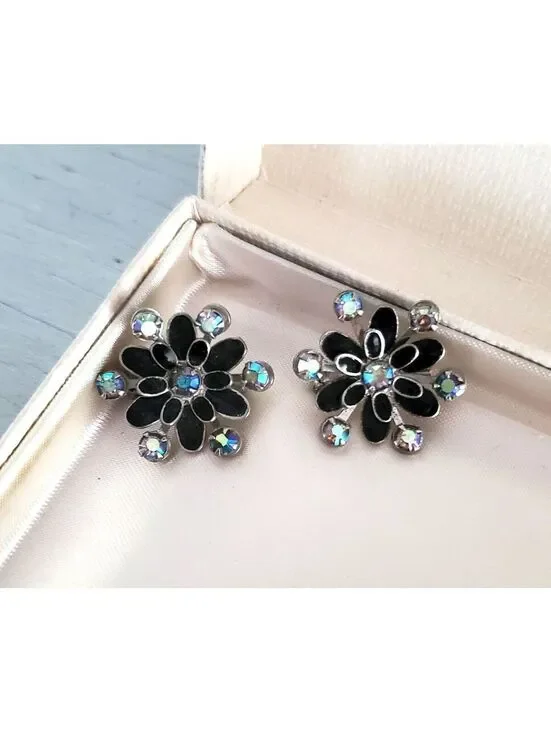 Vintage Pair of Mini Black Enamel AB Floral Brooches Pins