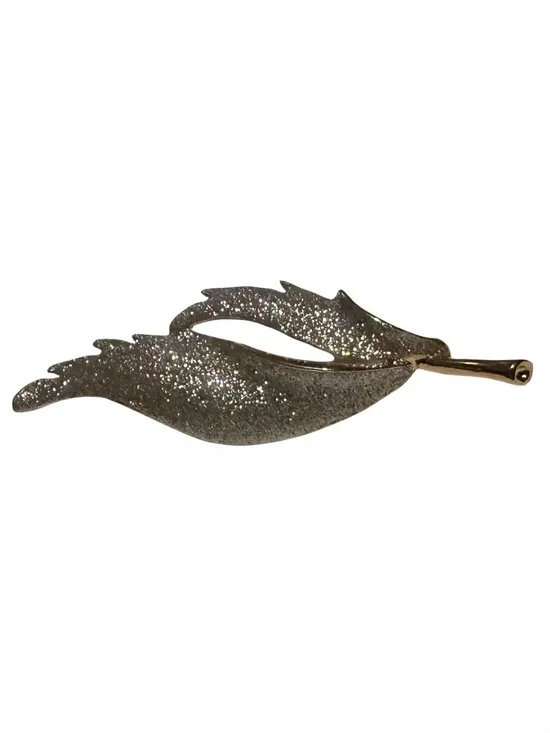 Vintage Gold Colored Leaf Brooch with Silver Glitter
