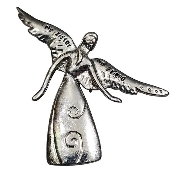 'My Sister My Friend' Inscription Angle In Flight Brooch Pin Vintage Silver Tone