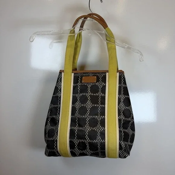 Kate Spade Tote Bag Medium Black Canvas Leather Yellow Straps Geometric