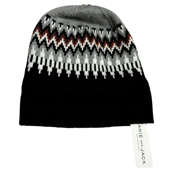 Janie and Jack Kids Beanie Hat Fair Isle Pattern Black Gray Brown White 2T‎ 3T