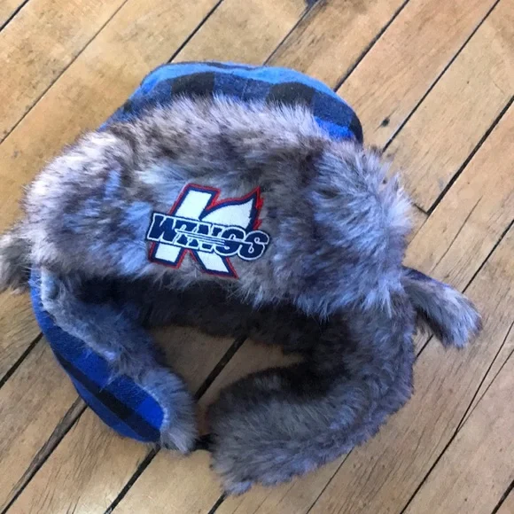 Kalamazoo Wings Hockey Blue Plaid‎ Faux Fur Trapper Hat for Kids