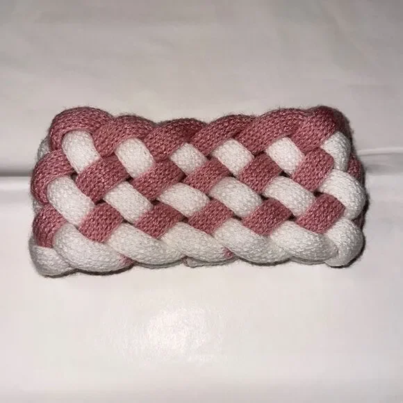 White Pink Knit Braided Overlapping Warm Head Band