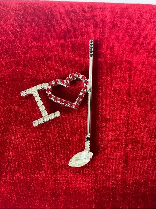 Vintage Bauer Signed I ❤️LOVE GOLF Rhinestone Pin Brooch Rhinestone Silvertone