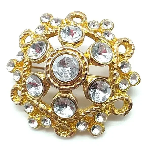 Vintage Twisted Rope Brooch Dome Shaped Rhinestone Gold Tone Pin