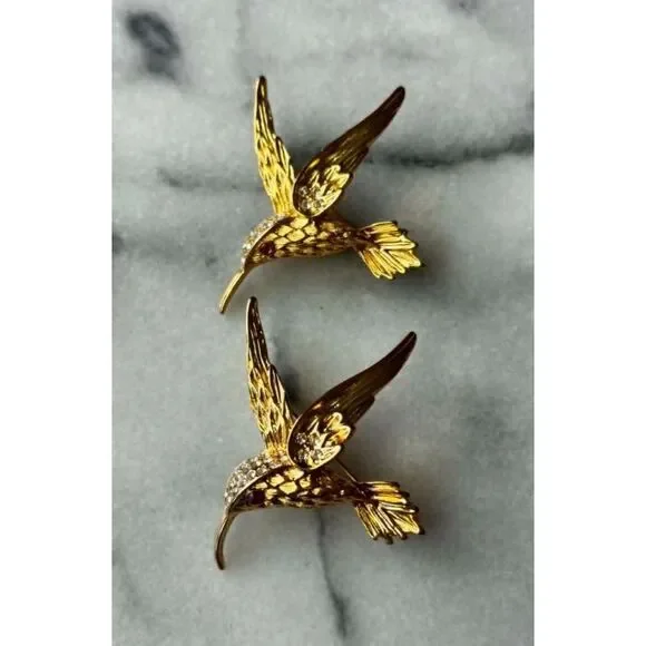 Vintage Gold Tone Hummingbird Brooches Pins Rhinestones Red Eye 1960s Lot of 2