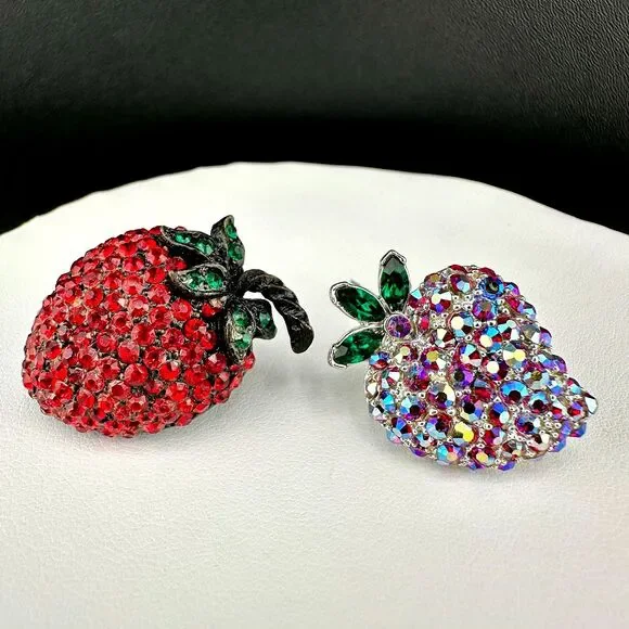 Vintage Rhinestone Strawberry Brooch Pin Lot 1 Signed Weiss 1 AB Figural Fruit