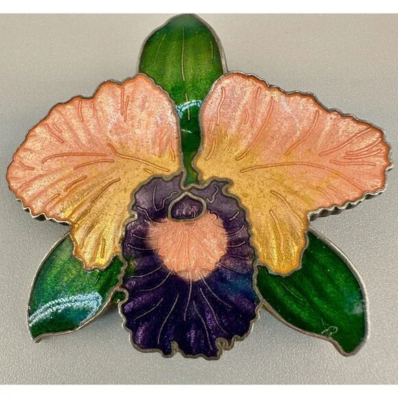 Vintage Cloisonne Flower Brooch Peach Purple Green Orchid Iridescent Enamel 2