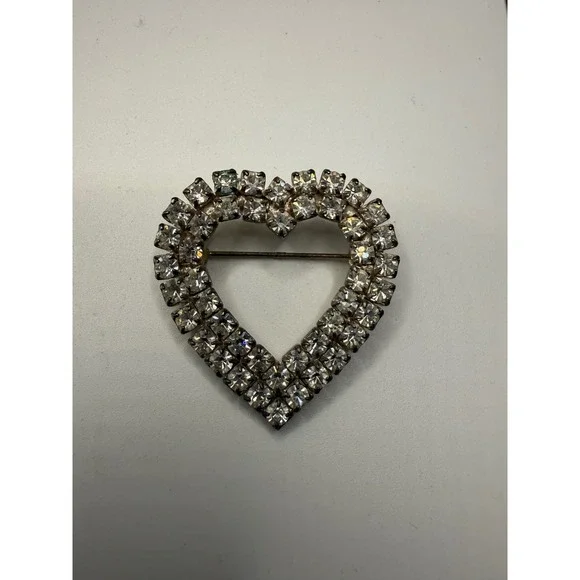 Vintage Clear Rhinestone Double Row Heart Brooch Silver Tone‎ Romantic Pin