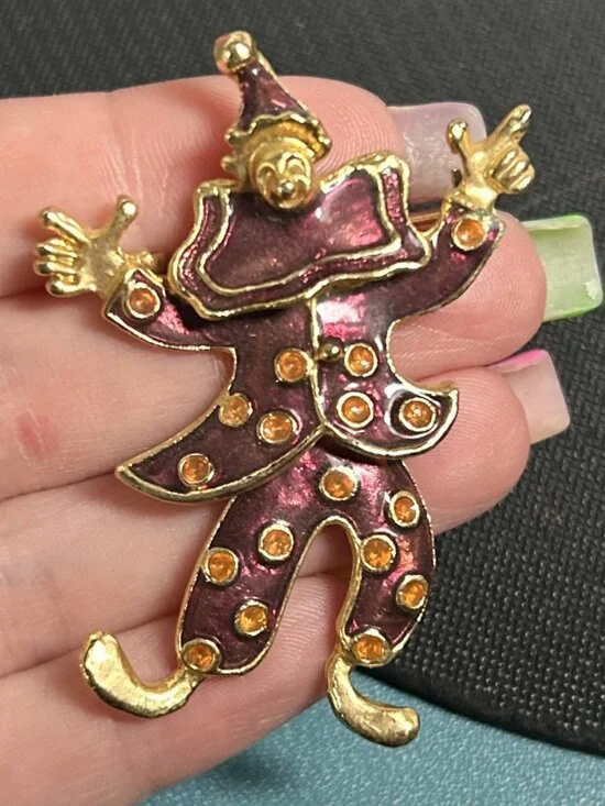 Vintage Enamel Clown Brooch Gold Tone Purple Rhinestone Polka Dot Pin