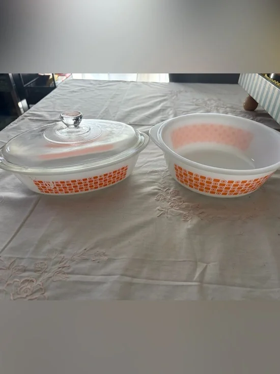 Glassbake White Casserole and Mixing Bowl Set with Orange Geometric Pattern