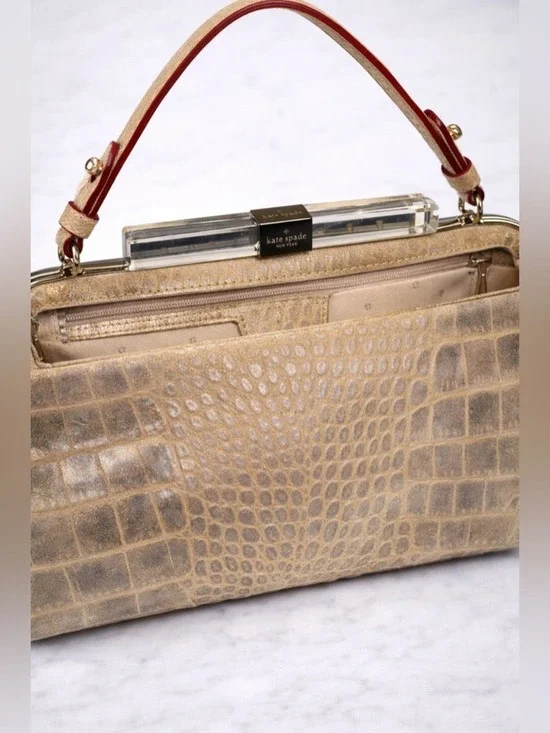 Kate Spade Croc Embossed Clutch w/ Acrylic Frame Handle | Neutral Beige Glam