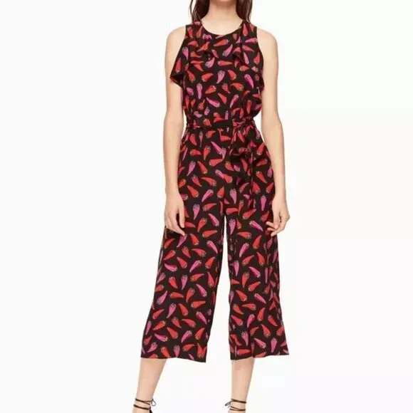 Kate Spade Silk Jumpsuit Size 0 Hot Pepper Print Cropped Black Multicolor