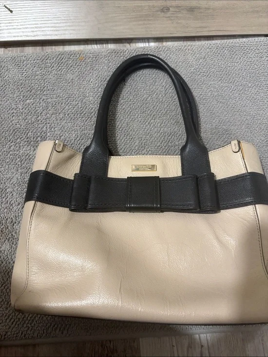 kate spade Cream and Black Leather Bow-Trim Satchel