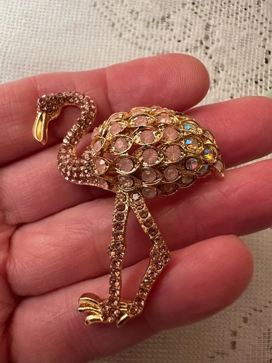 Gold-Tone Pink Crystal Flamingo Brooch