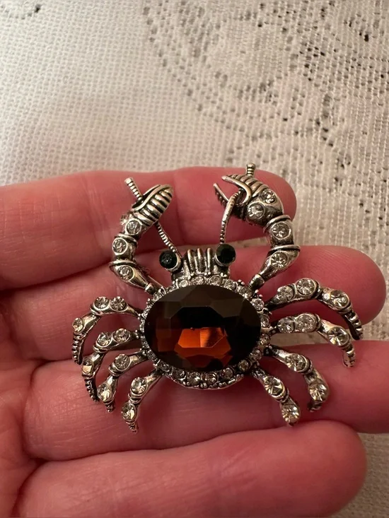 Silver-Tone Crystal Crab Brooch with a Red Center Stone