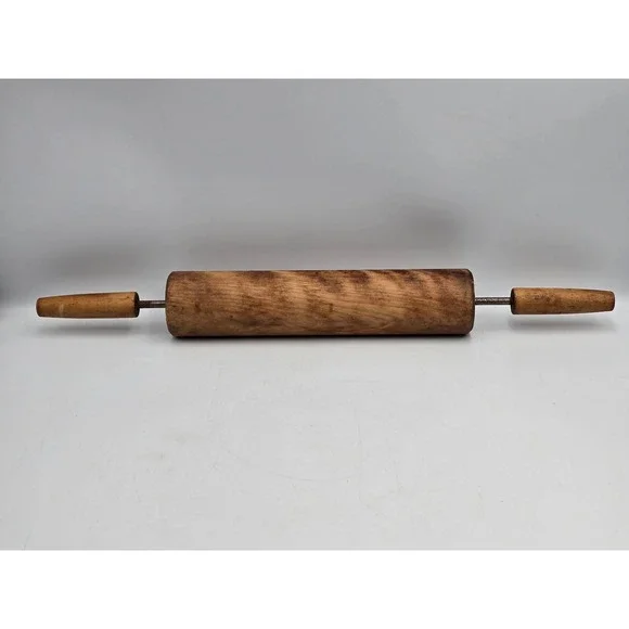 Rolling Pin OS Brown Good Vintage Wood Metal Axle Farmhouse