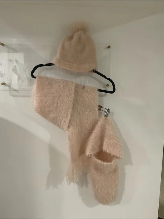 Three pieces Soft Pink Kids Pom-Pom Hat and Scarf Set