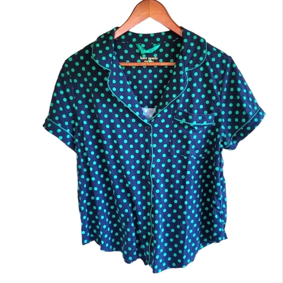 Kate Spade Polka Dot Button Up Pajama Top Blue Womens Large
