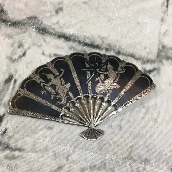 Vintage Fan Pin Sterling‎ Silver Goddesses Temple Dancers WWII Era Brooch Siam