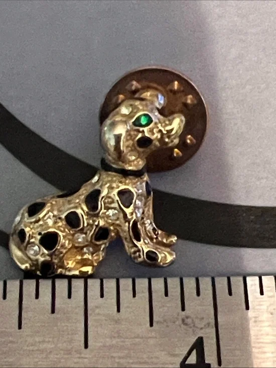 Gold-tone Dog Brooch Pin with Black Spots and Green Eye
