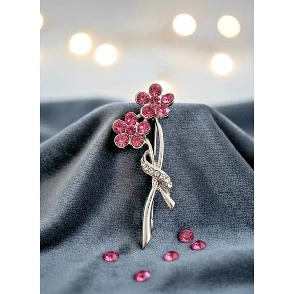 Vintage Rhinestone Flower Brooch Pink Crystal Double Stem 2 Inch