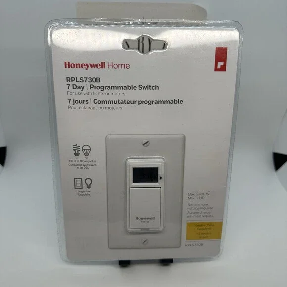 Honeywell Home RPLS730B 7-Day Programmable Light Switch Timer White Neutral Wire