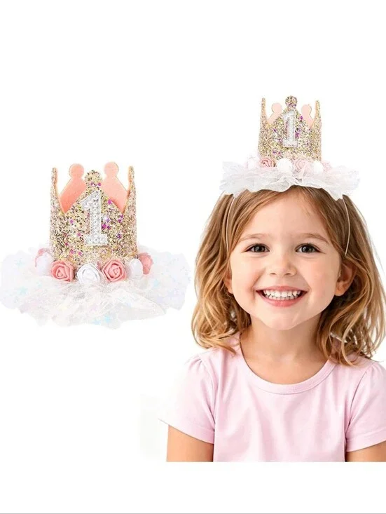 Glitter Pink First Birthday Princess Crown Headband