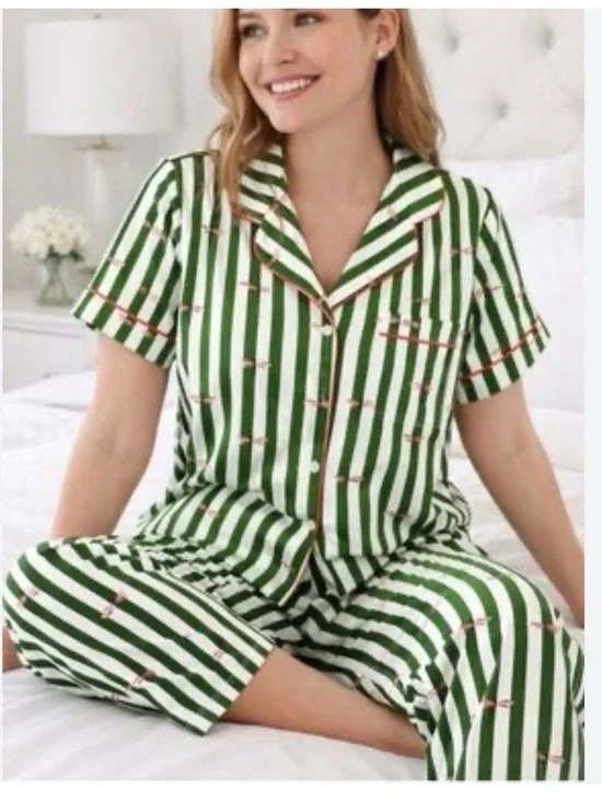 kate spade Green and White Striped Pajama Set Sz XL